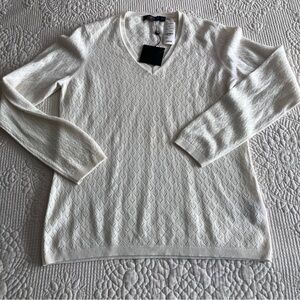 NWT Brooks Brothers ivory cashmere pointelle vneck sweater